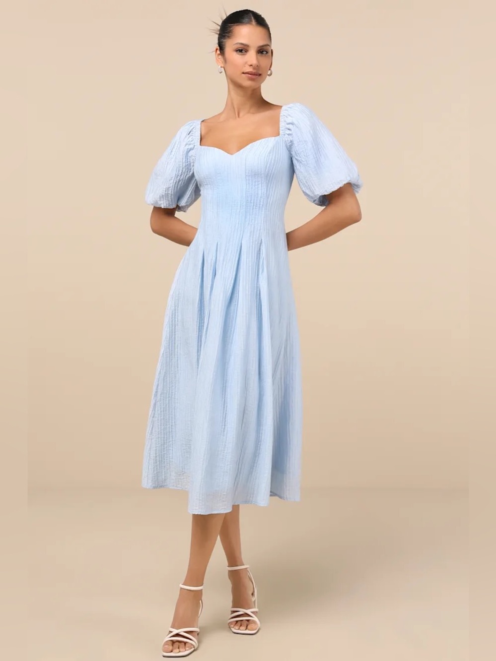 Lulus Heavenly Energy Blue Textured Puff Sleeve Pleated Midi Dress Size XL NWT